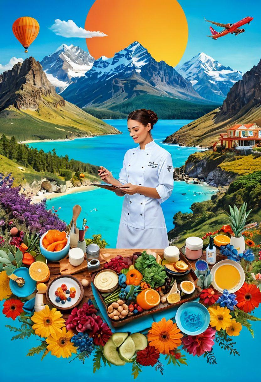 A vibrant and whimsical collage showcasing a traveler exploring breathtaking landscapes, a chef skillfully preparing a delicious dish, and a beauty guru applying cosmetics in a serene setting. Incorporate elements of travel, food, and beauty, interwoven with floating inspirational quotes in an uplifting atmosphere. The color palette should be bright and cheerful, symbolizing personal growth and discovery. surrealistic. vibrant colors.