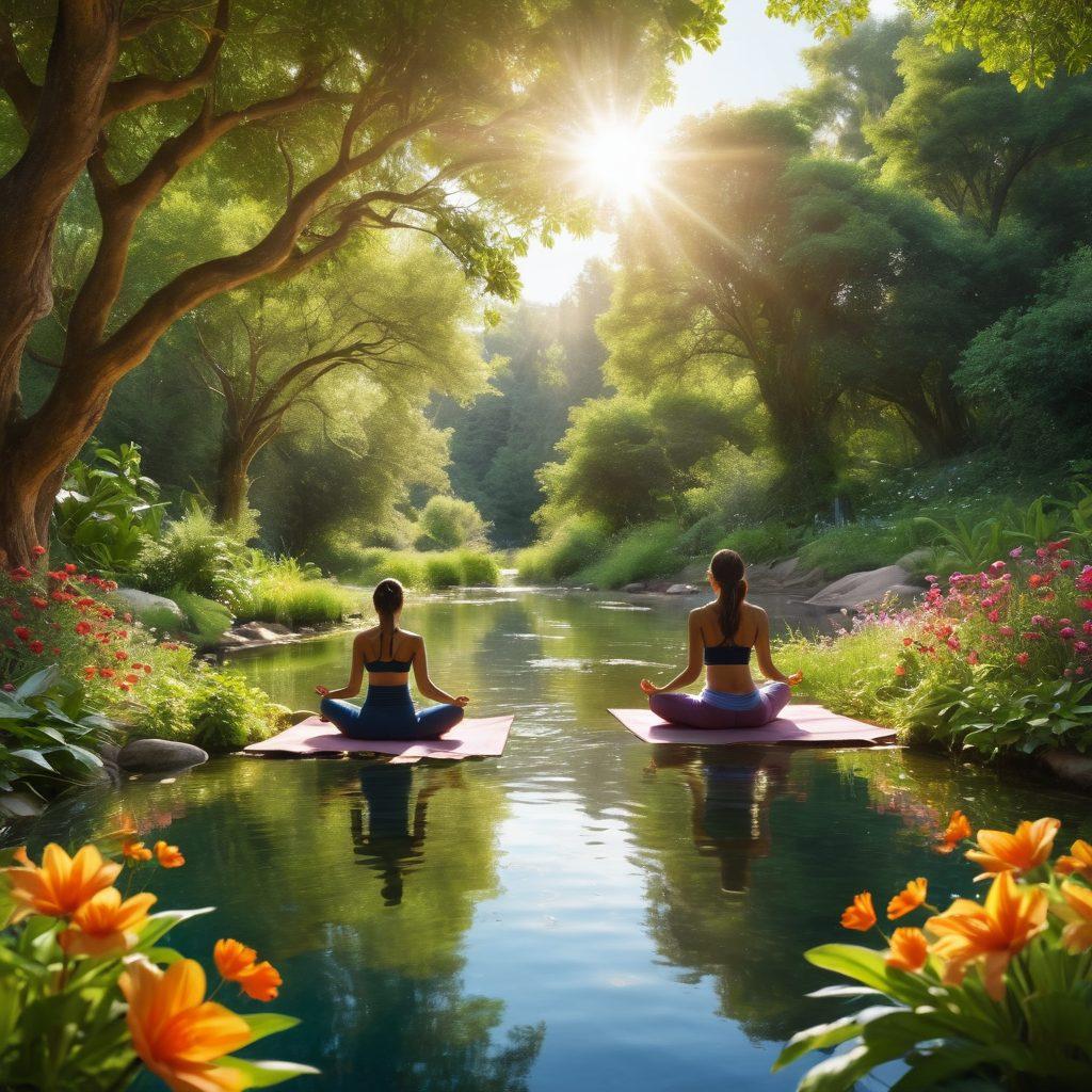 A serene scene featuring a diverse group of people meditating in a sunlit nature setting, surrounded by lush greenery and blooming flowers. In the background, a gentle stream flows, symbolizing tranquility and wellness. Incorporate elements of yoga, healthy foods like fruits and vegetables, and inspirational quotes subtly integrated into the foreground. The atmosphere should convey harmony, peace, and vibrancy. super-realistic. vibrant colors. nature-inspired.