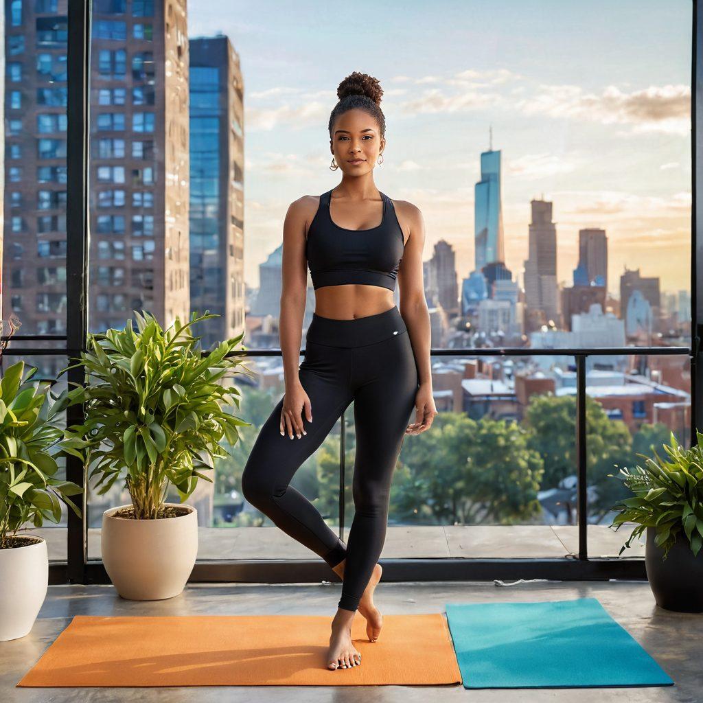 A chic, well-dressed woman standing confidently in a modern urban setting, surrounded by elements representing fashion, wellness, and personal growth such as stylish clothing, yoga mats, and motivational quotes. The background features a bright skyline and greenery, symbolizing balance in life. Warm tones and inviting light add to the uplifting atmosphere. super-realistic. vibrant colors. urban setting.